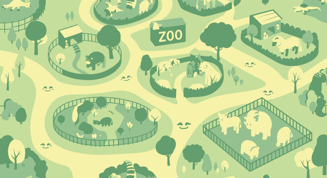 Isometric Zoo Scene with Various Animal Enclosures and Visitors.