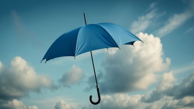 A bright blue umbrella floats gracefully against a soft, cloudy sky, its curved handle hanging below as white and gray clouds drift in the background. The image evokes a sense of whimsy and freedom, a