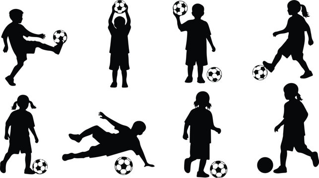 Children playing soccer in silhouette with various poses and actions