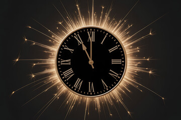 Elegant clock striking midnight with sparkling flares, anticipation for new year celebrations and festive moments of joy with a modern aesthetic