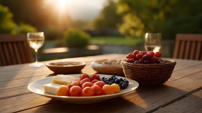 A beautiful outdoor table with a cheese and fruit platter and wine at sunset