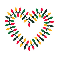 Heart shaped wreath made of colorful christmas lights and green leaves on a black background