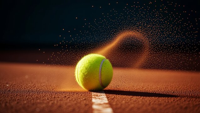 Tennis ball hitting clay court with dust