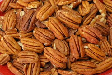 Pecan nuts in the market, closeup of photo.