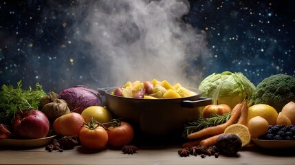 Steaming pot of vegetables and fruits on a rustic table under a magical starry night sky with mist