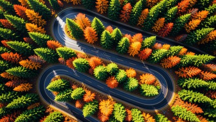 Winding road through autumn forest with vibrant trees