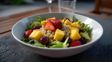 Close up of a vibrant and refreshing fruit and grain salad with fresh greens served in a white bowl on an outdoor patio table
