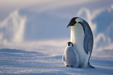 Obraz premium Emperor Penguin With Chick in Snow – Wildlife Family Close-Up Nature Scene