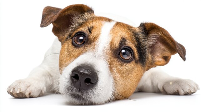 A playful dog rests on a white background showcasing its curious and expressive facial features. The dog looks directly at the viewer with a combination of attentiveness and friendliness.