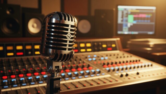 Vintage microphone in recording studio with mixing console