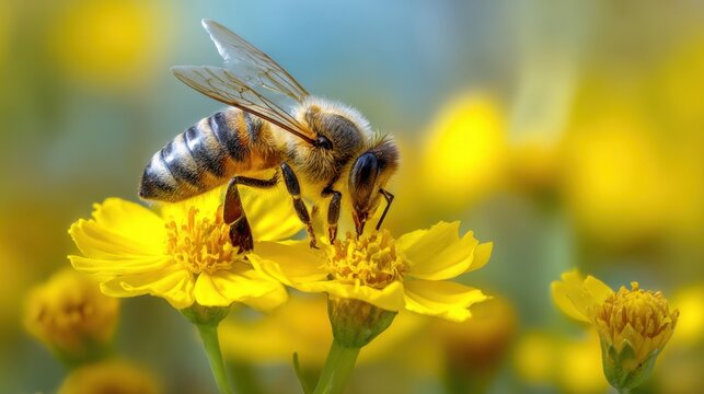 A bee collects nectar from bright yellow flowers in a sunny meadow. The scene captures the beauty of nature showcasing the important role of bees in pollination.