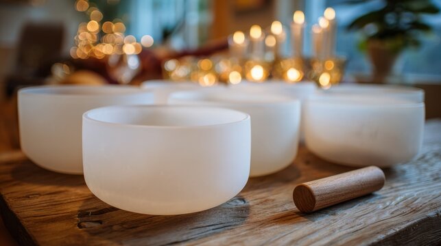 Set in a cozy indoor space several frosted singing bowls sit on a rustic wooden table. Flickering candlelight adds warmth creating a peaceful atmosphere for relaxation or meditation.