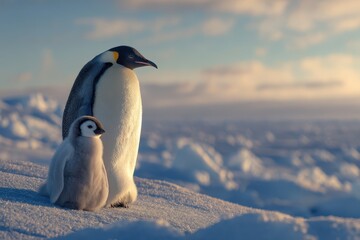 Obraz premium Emperor Penguin With Chick in Snow – Wildlife Family Close-Up Nature Scene