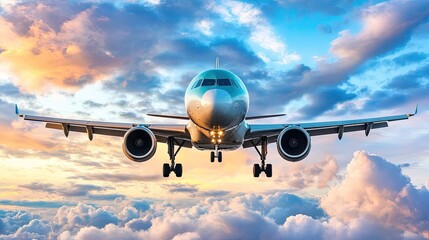Airplane descending through clouds sky gigapixel art dramatic atmosphere aerial view hyperrealistic imagery