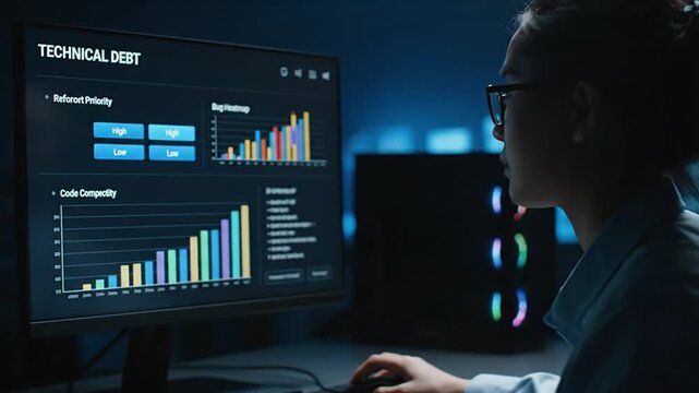 A focused female software engineer analyzes technical debt metrics and code complexity charts on a computer screen in a modern, dark office environment, working diligently.
