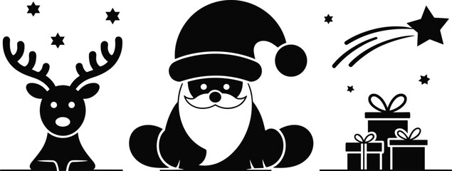 Christmas silhouette vector, Santa Claus illustration, festive reindeer and gifts, shooting star design, black and white holiday art, seasonal decoration