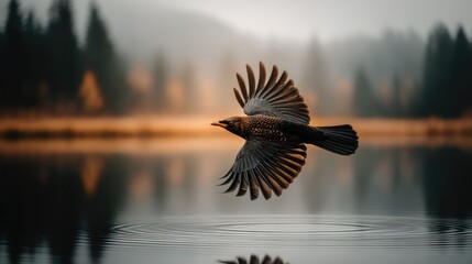 Bird landing still water gigapixel image serene environment aerial view poetic reflection