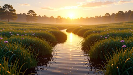 Sunset over meadow stream with wildflowers