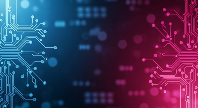 Abstract circuit board design with blue and red glow technology background