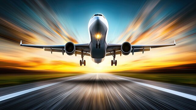 Jet taking off airport runway hyperrealistic art sunset environment low angle view gigapixel scale
