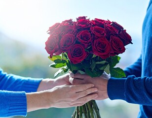 Romantic close-up of man's hands offering a bouquet of red roses to partner's hands.