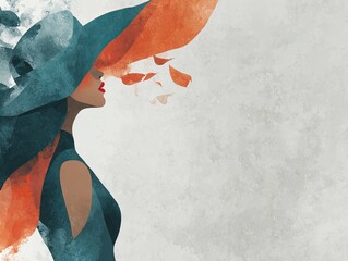 Abstract watercolor portrait of mature woman with hat in turquoise and coral tones, blended ocean wave elements on textured paper