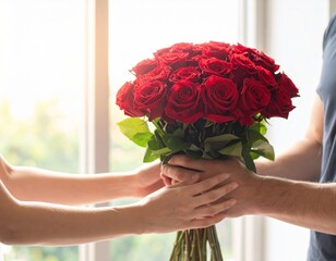 Romantic close-up of man's hands offering a bouquet of red roses to partner's hands.