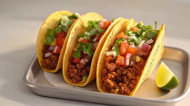 Crispy hard-shell tacos filled with ground meat and fresh toppings, filmed with a 360-degree camera orbit. Mexican food, savory meal.