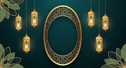 Elegant islamic frame with golden lanterns for ramadan and eid celebrations