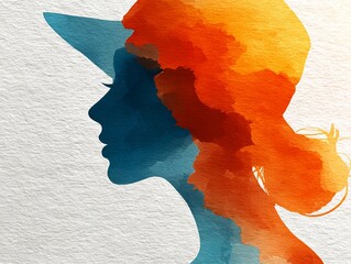 Abstract watercolor portrait of mature woman with hat in turquoise and coral tones, blended ocean wave elements on textured paper