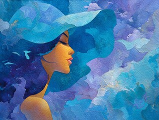 Abstract watercolor portrait of mature woman with hat in turquoise and coral tones, blended ocean wave elements on textured paper