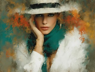 Abstract watercolor portrait of mature woman with hat in turquoise and coral tones, blended ocean wave elements on textured paper