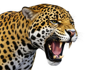Obraz premium Close-up of a roaring jaguar with sharp teeth and yellow eyes, side profile, 70 isolated on transparent background