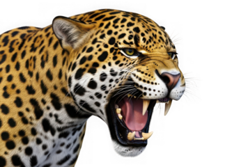 Close-up of a roaring jaguar with sharp teeth and yellow eyes, side profile, 70 isolated on transparent background