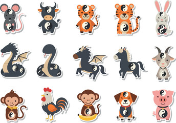 Cute Yin Yang Zodiac Animals Vector Sticker Collection