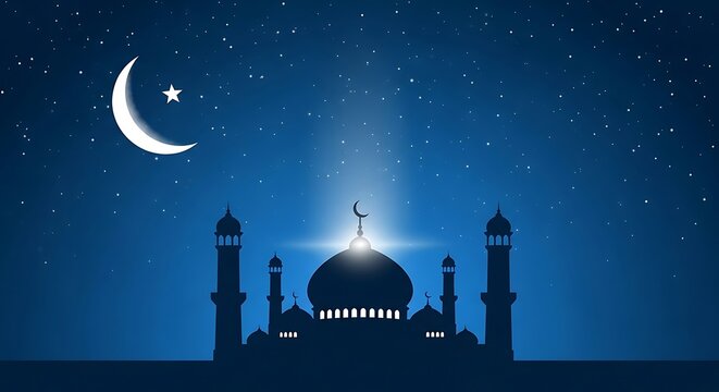 Mosque silhouette under starry night sky with crescent moon