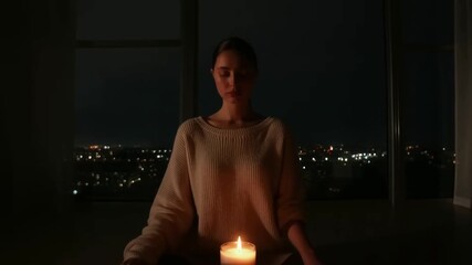 Person meditating while gazing at a flickering scented candle flame in a dark room with a city window backdrop, concept of mindfulness practice and winter solace