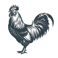 Stylized illustration of a proud rooster with detailed feathers against a stark black background