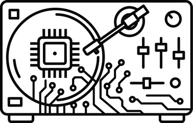 A modern technological turntable featuring an integrated circuit board and microchip, symbolizing the fusion of music and digital innovation