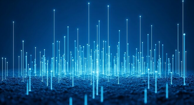 Abstract blue light data streams flowing upward in a digital landscape