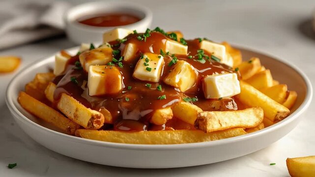 Poutine with golden fries, cheese curds, and rich gravy. Canadian comfort food, fast food, and classic savory snack concept