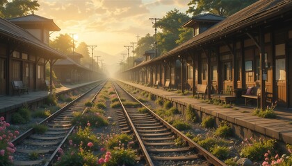 Sunset train station platform in anime style