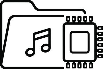 Outline icon depicting a folder containing a musical note and a computer chip, symbolizing digital audio, sound processing, data storage, and music technology