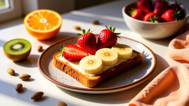 Fresh fruit toast with strawberries and banana slices
