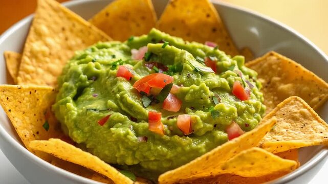 Vibrant guacamole dip surrounded by tortilla chips, filmed with a 360-degree camera orbit. Mexican food, healthy snack, and appetizer concept.