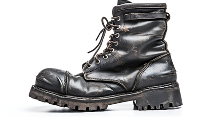 Old army bootsOne Black Dirty army boot isolated on white backgroundBoot low light with back and white photo


