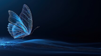 A digital butterfly glitters against a dark background, representing transformation, beauty. ..Created with Generative AI, not depicting real subjects.