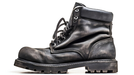 Old army bootsOne Black Dirty army boot isolated on white backgroundBoot low light with back and white photo


