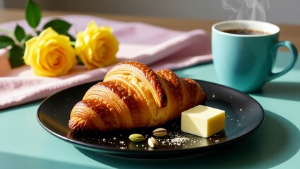 Croissant with butter coffee and yellow roses on table