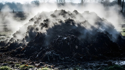Misty Autumnal Compost Pile, Enshrouded in vapor, Mysterious compost pile with steam rising, creating a spooky and evocative autumn scenery